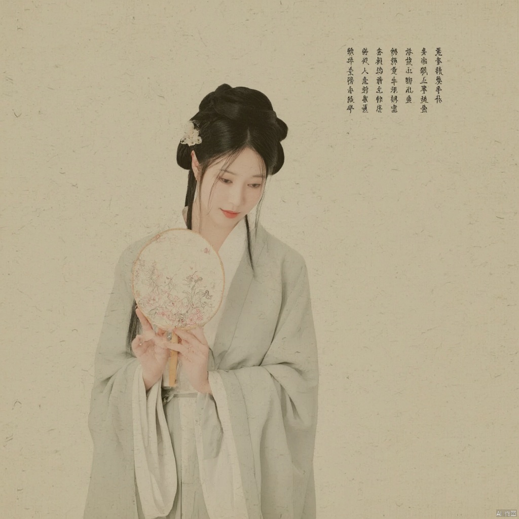 Photograph traditional Chinese painting style woman in Hanfu elegant pose holding a round fan with floral design intricate hair ornaments soft lighting serene expression delicate floral embroidery on her robe muted colors historical ambiance poised and graceful demeanor cultural heritage historical elegance., macp style, 1girl, macp background, hair bun, solo, hanfu, black hair, long sleeves, ribbon, holding, closed mouth, upper body, black eyes, looking to the side, makeup, looking away, macp-fan, realistic, red lips, holding macp-fan, simple background, hands up, looking down, updo
