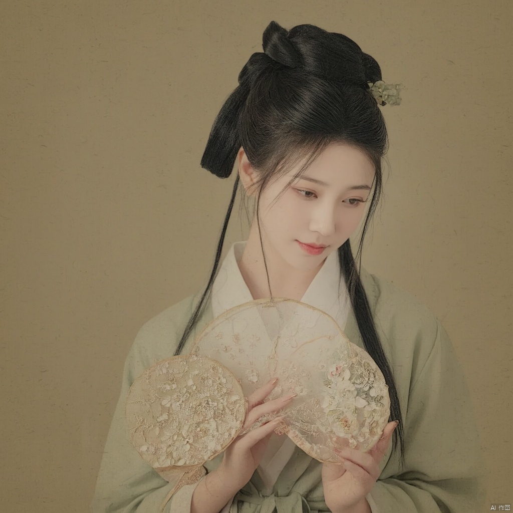 Photograph traditional Chinese painting style woman in Hanfu elegant pose holding a round fan with floral design intricate hair ornaments soft lighting serene expression delicate floral embroidery on her robe muted colors historical ambiance poised and graceful demeanor cultural heritage historical elegance., macp style, 1girl, macp background, hair bun, solo, hanfu, black hair, long sleeves, ribbon, holding, closed mouth, upper body, black eyes, looking to the side, makeup, looking away, macp-fan, realistic, red lips, holding macp-fan, simple background, hands up, looking down, updo
