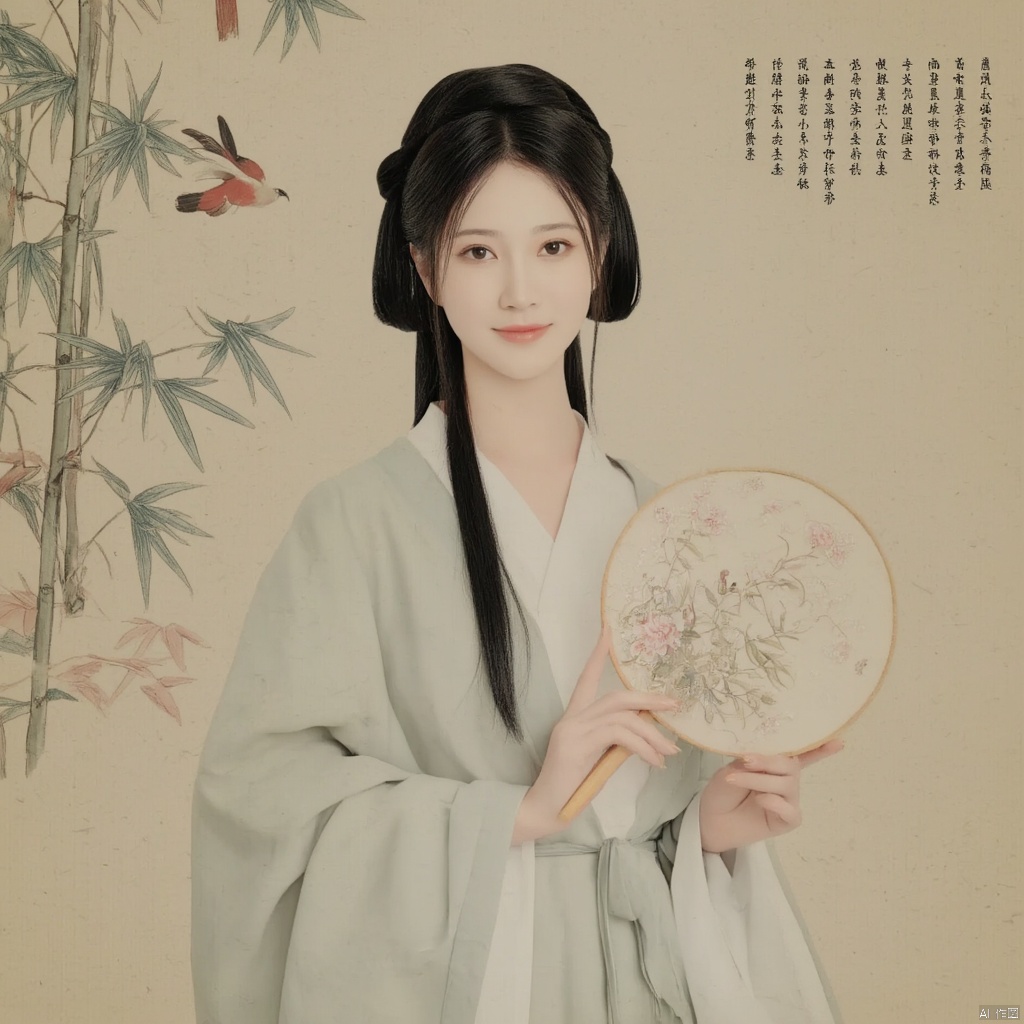Photograph young woman in traditional Chinese hanfu holding a round fan long black hair styled in a traditional updo serene expression delicate floral embroidery on her robe soft pastel colors elegant and poised bamboo background with calligraphy ethereal and tranquil atmosphere., macp style, 1girl, macp background, hair bun, solo, hanfu, long hair, looking at viewer, smile, black hair, long sleeves, holding, standing, black eyes, bird, macp-fan, holding macp-fan, realistic
