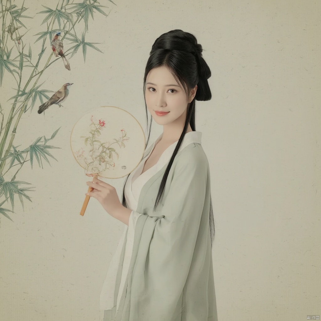 Photograph young woman in traditional Chinese hanfu holding a round fan long black hair styled in a traditional updo serene expression delicate floral embroidery on her robe soft pastel colors elegant and poised bamboo background with calligraphy ethereal and tranquil atmosphere., macp style, 1girl, macp background, hair bun, solo, hanfu, long hair, looking at viewer, smile, black hair, long sleeves, holding, standing, black eyes, bird, macp-fan, holding macp-fan, realistic
