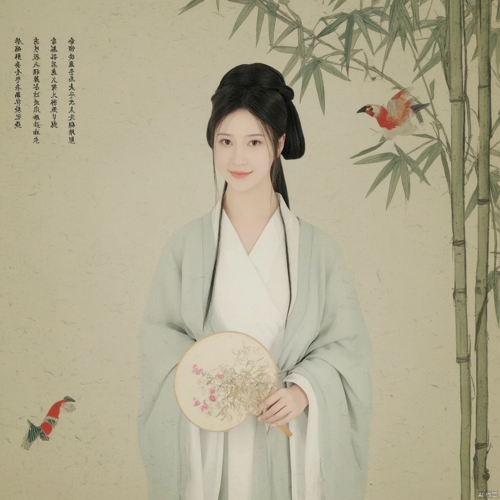 Photograph young woman in traditional Chinese hanfu holding a round fan long black hair styled in a traditional updo serene expression delicate floral embroidery on her robe soft pastel colors elegant and poised bamboo background with calligraphy ethereal and tranquil atmosphere., macp style, 1girl, macp background, hair bun, solo, hanfu, long hair, looking at viewer, smile, black hair, long sleeves, holding, standing, black eyes, bird, macp-fan, holding macp-fan, realistic
