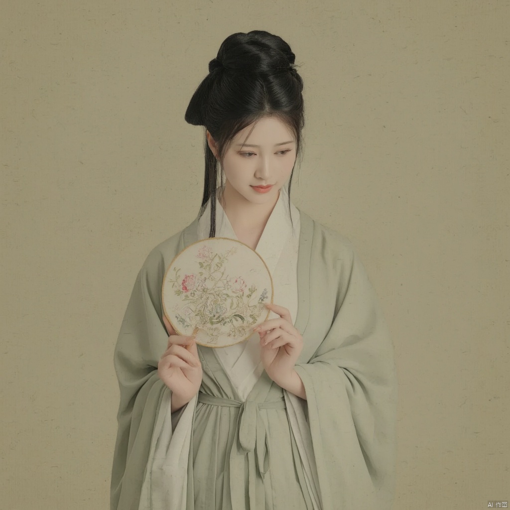 Photograph traditional Chinese painting style woman in Hanfu elegant pose holding a round fan with floral design intricate hair ornaments soft lighting serene expression delicate floral embroidery on her robe muted colors historical ambiance poised and graceful demeanor cultural heritage historical elegance., macp style, 1girl, macp background, hair bun, solo, hanfu, black hair, long sleeves, ribbon, holding, closed mouth, upper body, black eyes, looking to the side, makeup, looking away, macp-fan, realistic, red lips, holding macp-fan, simple background, hands up, looking down, updo
