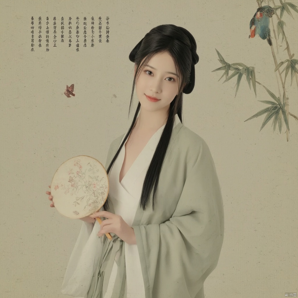 Photograph young woman in traditional Chinese hanfu holding a round fan long black hair styled in a traditional updo serene expression delicate floral embroidery on her robe soft pastel colors elegant and poised bamboo background with calligraphy ethereal and tranquil atmosphere., macp style, 1girl, macp background, hair bun, solo, hanfu, long hair, looking at viewer, smile, black hair, long sleeves, holding, standing, black eyes, bird, macp-fan, holding macp-fan, realistic

