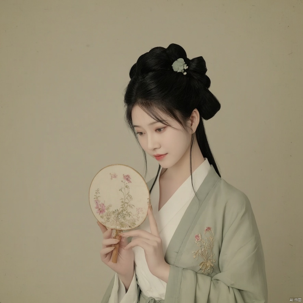 Photograph traditional Chinese painting style woman in Hanfu elegant pose holding a round fan with floral design intricate hair ornaments soft lighting serene expression delicate floral embroidery on her robe muted colors historical ambiance poised and graceful demeanor cultural heritage historical elegance., macp style, 1girl, macp background, hair bun, solo, hanfu, black hair, long sleeves, ribbon, holding, closed mouth, upper body, black eyes, looking to the side, makeup, looking away, macp-fan, realistic, red lips, holding macp-fan, simple background, hands up, looking down, updo

