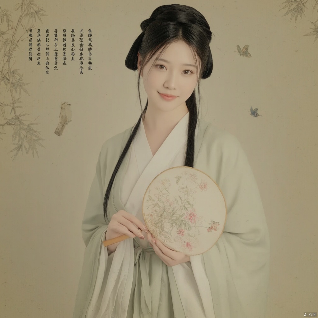 Photograph young woman in traditional Chinese hanfu holding a round fan long black hair styled in a traditional updo serene expression delicate floral embroidery on her robe soft pastel colors elegant and poised bamboo background with calligraphy ethereal and tranquil atmosphere., macp style, 1girl, macp background, hair bun, solo, hanfu, long hair, looking at viewer, smile, black hair, long sleeves, holding, standing, black eyes, bird, macp-fan, holding macp-fan, realistic
