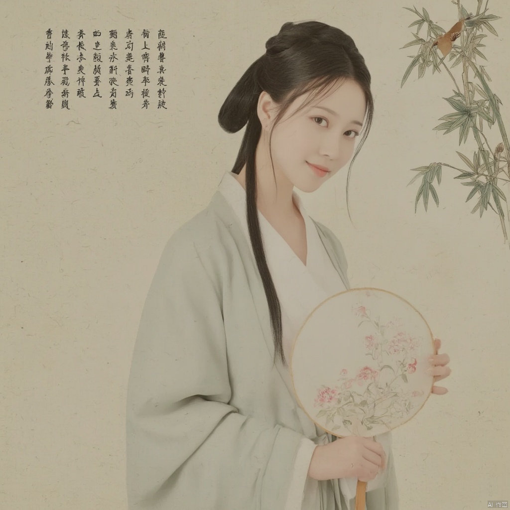 Photograph young woman in traditional Chinese hanfu holding a round fan long black hair styled in a traditional updo serene expression delicate floral embroidery on her robe soft pastel colors elegant and poised bamboo background with calligraphy ethereal and tranquil atmosphere., macp style, 1girl, macp background, hair bun, solo, hanfu, long hair, looking at viewer, smile, black hair, long sleeves, holding, standing, black eyes, bird, macp-fan, holding macp-fan, realistic
