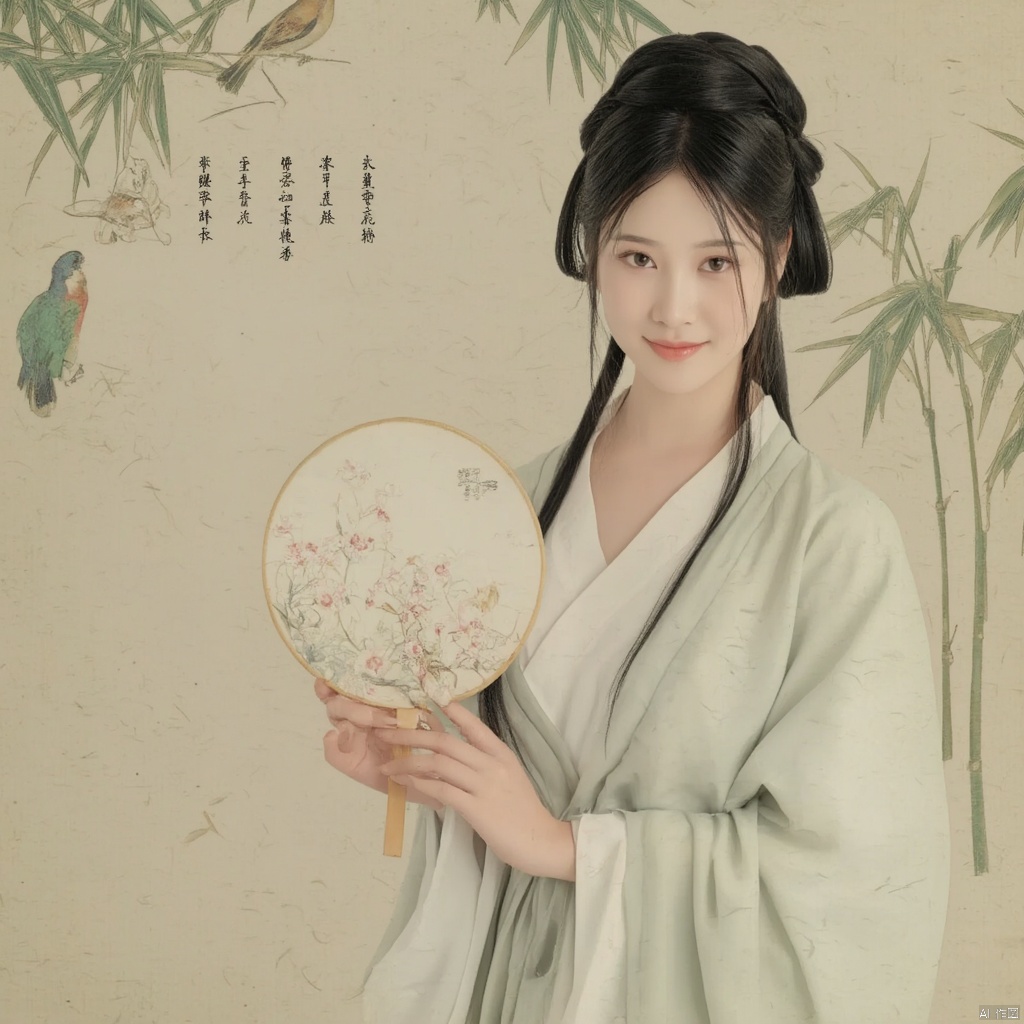 Photograph young woman in traditional Chinese hanfu holding a round fan long black hair styled in a traditional updo serene expression delicate floral embroidery on her robe soft pastel colors elegant and poised bamboo background with calligraphy ethereal and tranquil atmosphere., macp style, 1girl, macp background, hair bun, solo, hanfu, long hair, looking at viewer, smile, black hair, long sleeves, holding, standing, black eyes, bird, macp-fan, holding macp-fan, realistic
