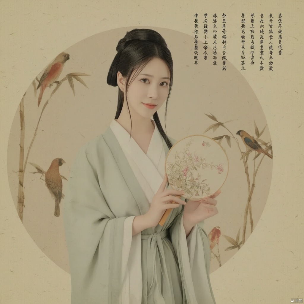 Photograph young woman in traditional Chinese hanfu holding a round fan long black hair styled in a traditional updo serene expression delicate floral embroidery on her robe soft pastel colors elegant and poised bamboo background with calligraphy ethereal and tranquil atmosphere., macp style, 1girl, macp background, hair bun, solo, hanfu, long hair, looking at viewer, smile, black hair, long sleeves, holding, standing, black eyes, bird, macp-fan, holding macp-fan, realistic
