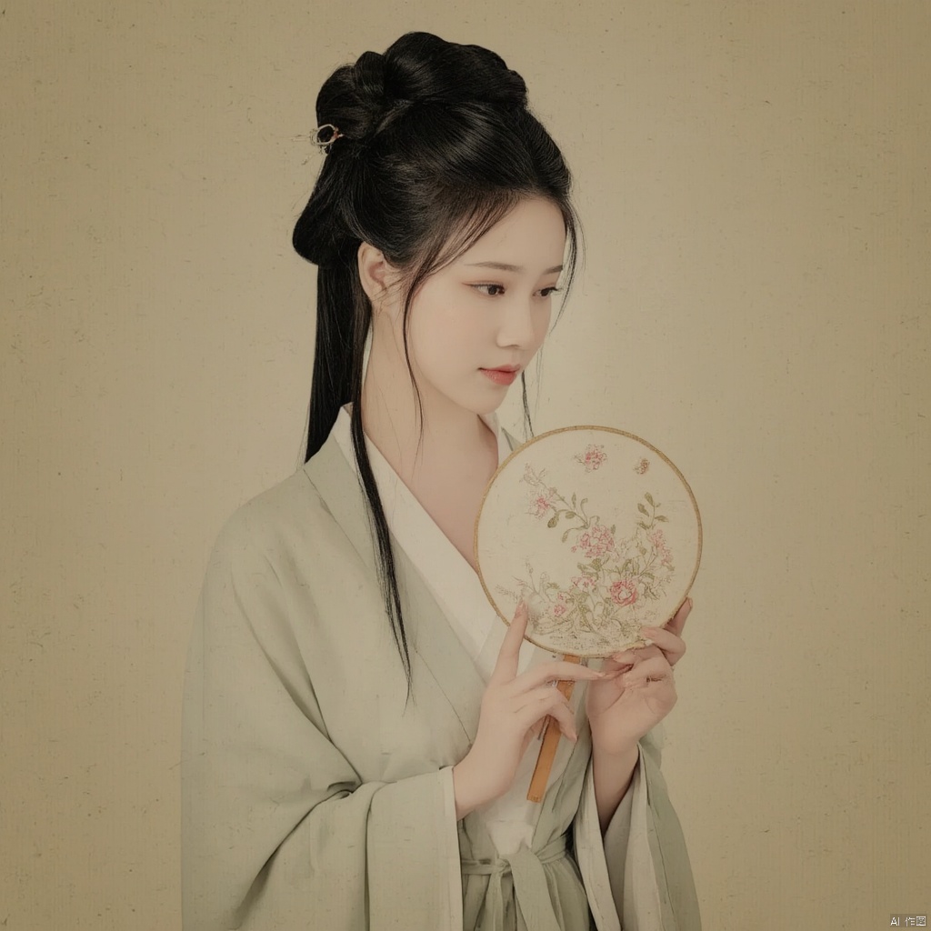 Photograph traditional Chinese painting style woman in Hanfu elegant pose holding a round fan with floral design intricate hair ornaments soft lighting serene expression delicate floral embroidery on her robe muted colors historical ambiance poised and graceful demeanor cultural heritage historical elegance., macp style, 1girl, macp background, hair bun, solo, hanfu, black hair, long sleeves, ribbon, holding, closed mouth, upper body, black eyes, looking to the side, makeup, looking away, macp-fan, realistic, red lips, holding macp-fan, simple background, hands up, looking down, updo

