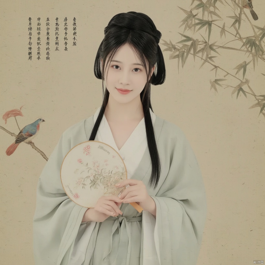 Photograph young woman in traditional Chinese hanfu holding a round fan long black hair styled in a traditional updo serene expression delicate floral embroidery on her robe soft pastel colors elegant and poised bamboo background with calligraphy ethereal and tranquil atmosphere., macp style, 1girl, macp background, hair bun, solo, hanfu, long hair, looking at viewer, smile, black hair, long sleeves, holding, standing, black eyes, bird, macp-fan, holding macp-fan, realistic
