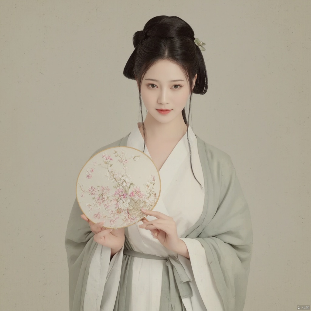 Photograph traditional Chinese painting style woman in Hanfu elegant pose holding a round fan with floral design intricate hair ornaments soft lighting serene expression delicate floral embroidery on her robe muted colors historical ambiance poised and graceful demeanor cultural heritage historical elegance., macp style, 1girl, macp background, hair bun, solo, hanfu, black hair, long sleeves, ribbon, holding, closed mouth, upper body, black eyes, looking to the side, makeup, looking away, macp-fan, realistic, red lips, holding macp-fan, simple background, hands up, looking down, updo
