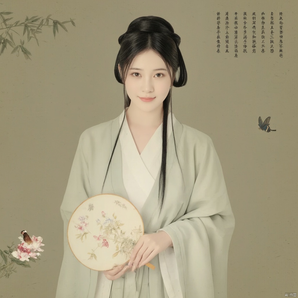 Photograph young woman in traditional Chinese hanfu holding a round fan long black hair styled in a traditional updo serene expression delicate floral embroidery on her robe soft pastel colors elegant and poised bamboo background with calligraphy ethereal and tranquil atmosphere., macp style, 1girl, macp background, hair bun, solo, hanfu, long hair, looking at viewer, smile, black hair, long sleeves, holding, standing, black eyes, bird, macp-fan, holding macp-fan, realistic
