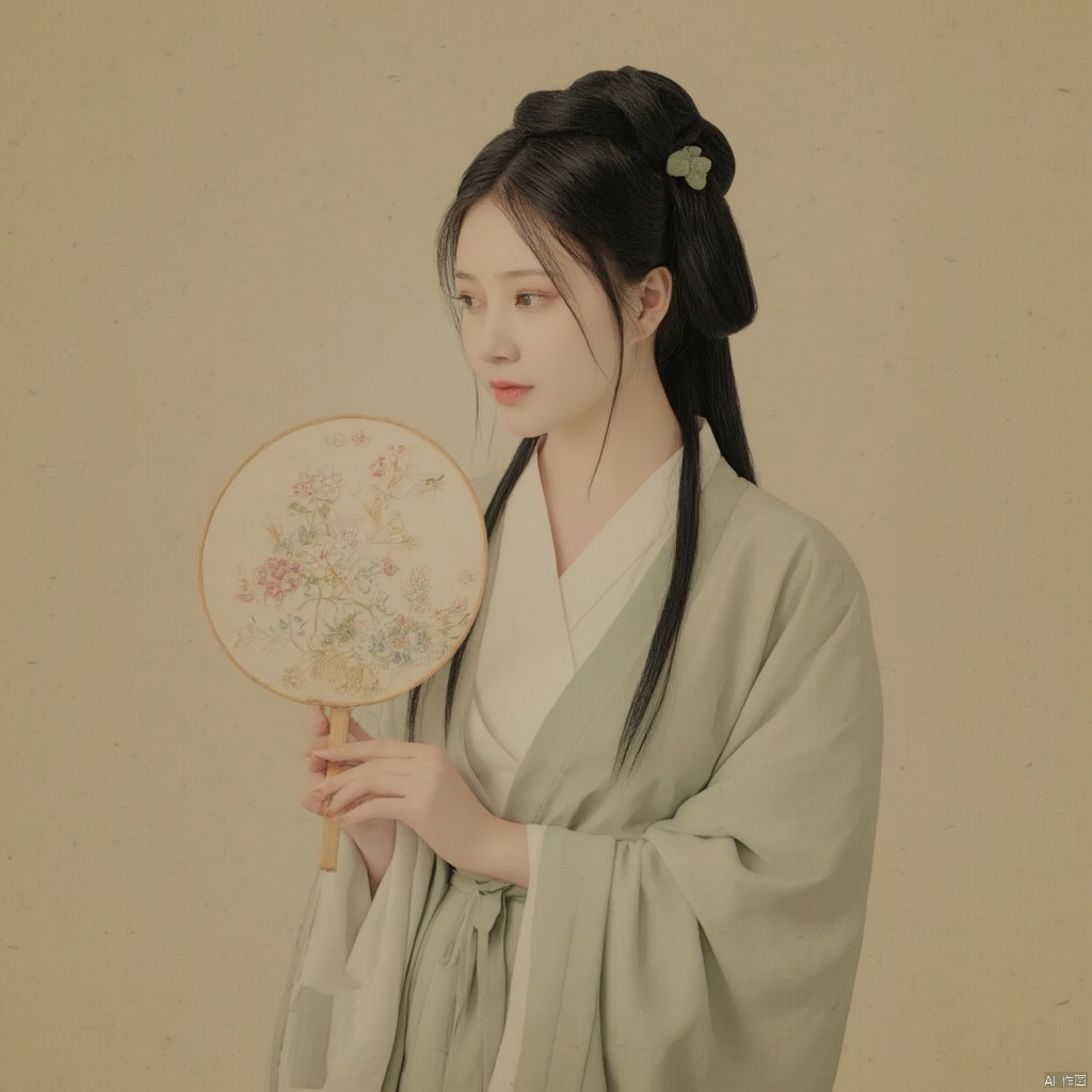 Photograph traditional Chinese painting style woman in Hanfu elegant pose holding a round fan with floral design intricate hair ornaments soft lighting serene expression delicate floral embroidery on her robe muted colors historical ambiance poised and graceful demeanor cultural heritage historical elegance., macp style, 1girl, macp background, hair bun, solo, hanfu, black hair, long sleeves, ribbon, holding, closed mouth, upper body, black eyes, looking to the side, makeup, looking away, macp-fan, realistic, red lips, holding macp-fan, simple background, hands up, looking down, updo
