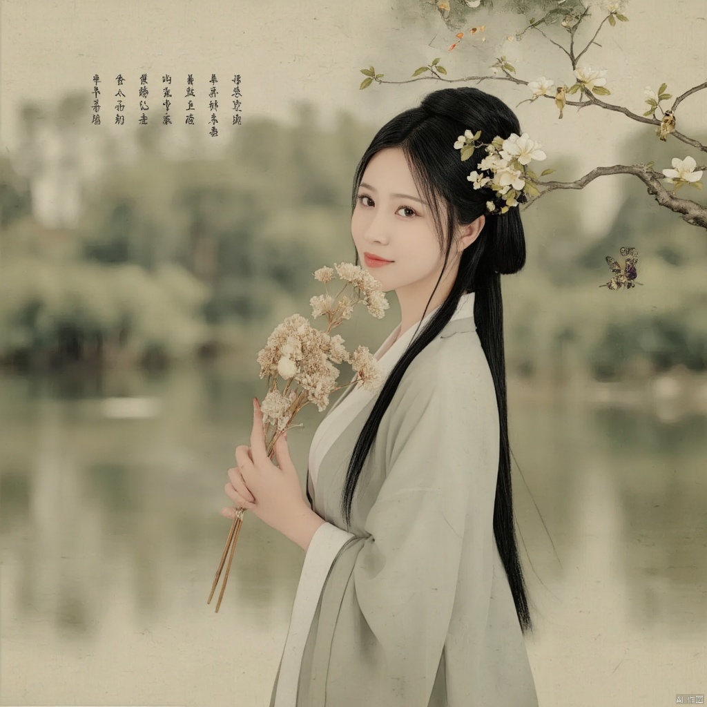 Photograph serene woman in traditional Chinese hanfu holding a bouquet of dried flowers standing by a tranquil lake surrounded by lush greenery soft natural light calm and peaceful mood long black hair gentle expression delicate floral background ancient Chinese aesthetic gentle and contemplative atmosphere., Photograph serene woman in traditional Chinese hanfu holding a bouquet of dried flowers standing by a tranquil lake surrounded by lush greenery soft natural light calm and peaceful mood long black hair gentle expression delicate floral background ancient Chinese aesthetic gentle and contemplative atmosphere., macp style, 1girl, macp_background, hair bun, solo, hanfu, long hair, looking at viewer, smile, black hair, long sleeves, holding, closed mouth, upper body, black eyes, single hair bun, branch, holding flower, from side

