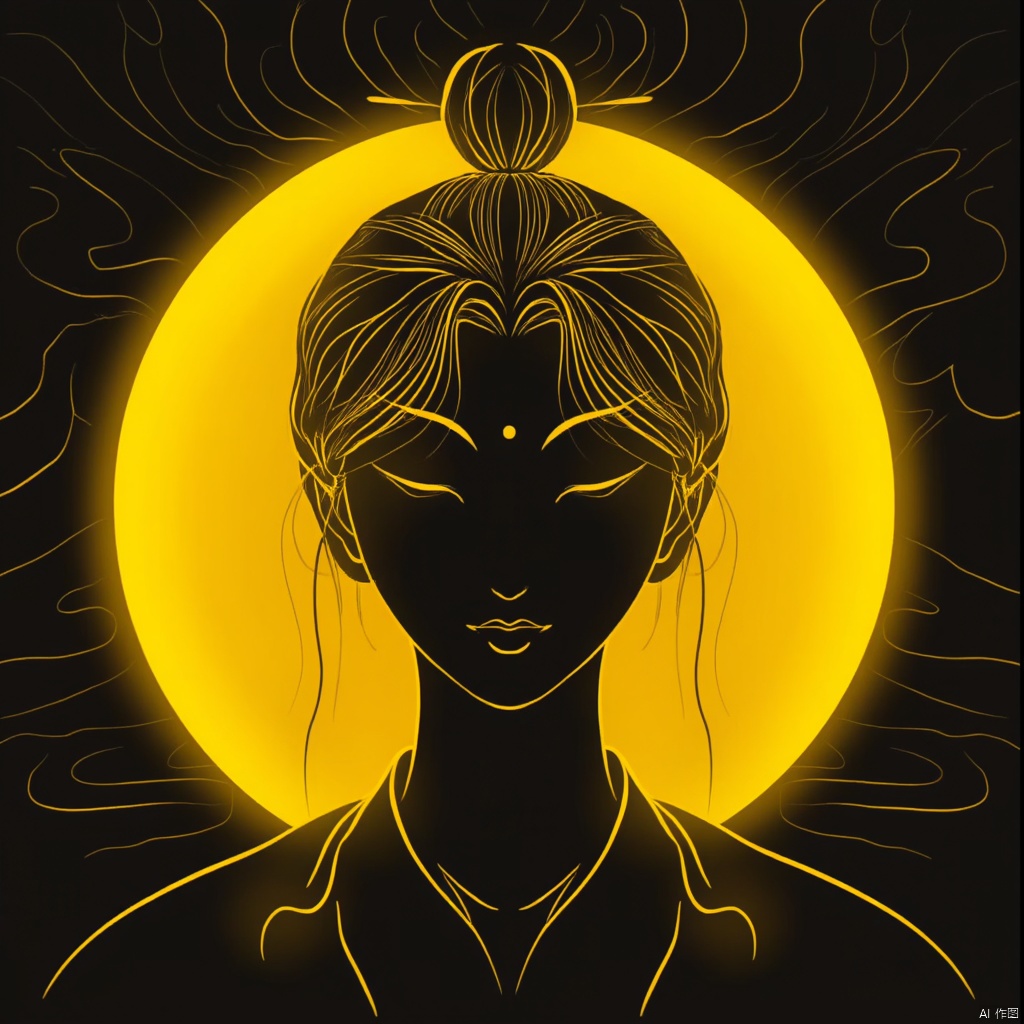photograph silhouette of a woman with a ponytail eyes closed hands in a prayer pose yellow-orange lines dark background soft lighting serene expression delicate features flowing hair traditional chinese attire elegant and poised ethereal and tranquil atmosphere., eastern-mythology, golden-line, 1man, solo, smile, simple background, hair ornament, closed eyes, parted lips, hair bun, single hair bun, portrait, hair stick
