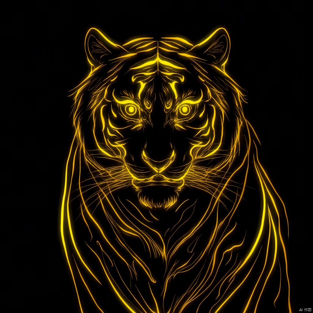 photograph neon-lit tiger glowing yellow and black colors dynamic pose intense expression eyes glowing dark background dynamic lines ethereal and powerful dynamic and intense mood close-up shot vibrant contrast detailed and vivid dynamic yet powerful., eastern-mythology, looking at viewer, golden-line, simple background, yellow eyes, no humans, animal, black background, glowing eyes, tiger ears, animal focus, tiger