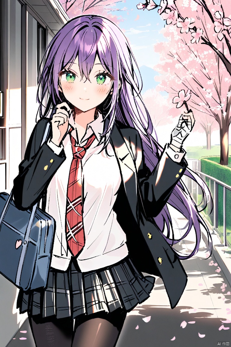 1girl, solo, long hair, breasts, looking at viewer, blush, smile, bangs, skirt, large breasts, shirt, long sleeves, holding, hair between eyes, medium breasts, very long hair, closed mouth, school uniform, green eyes, jacket, white shirt, purple hair, flower, pantyhose, cowboy shot, pleated skirt, outdoors, open clothes, necktie, day, collared shirt, virtual youtuber, hand up, black skirt, bag, sweater, open jacket, black jacket, black pantyhose, bandages, blazer, red necktie, cherry blossoms, genderswap, pink flower, genderswap \(mtf\), school bag, bandaged hand, plaid necktie