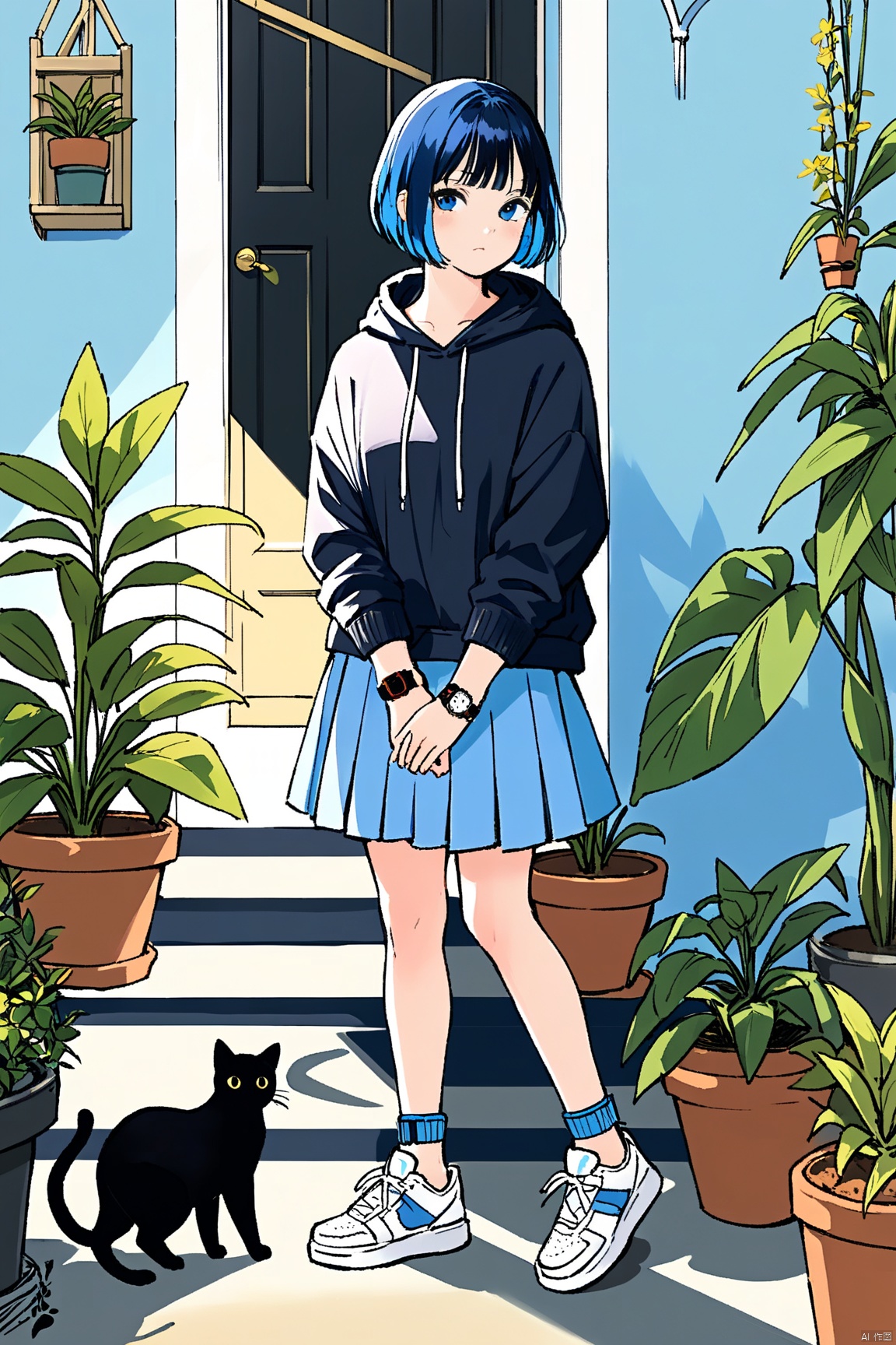 1girl,shoes,solo,plant,hair bun,long sleeves,cat,standing,black cat,bangs,potted plant,skirt,watch,looking at viewer,black hair,short hair,single hair bun,shadow,full body,in the garden,blue hair,sneakers,wristwatch,hood, 