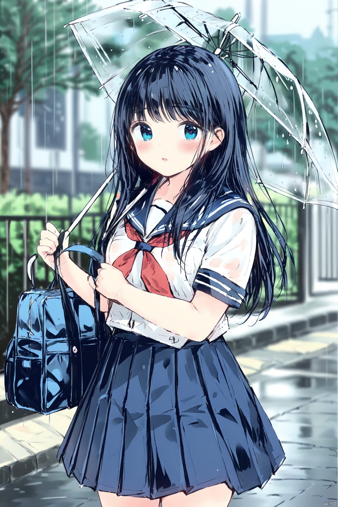 1girl,umbrella,solo,school uniform,holding umbrella,black hair,holding,skirt,serafuku,bag,short sleeves,long hair,shirt,outdoors,neckerchief,blue eyes,bangs,white shirt,pleated skirt,blurry,transparent umbrella,sailor collar,blush,parted lips,rain,blurry background,transparent,school bag,red neckerchief,standing,blue skirt,line art