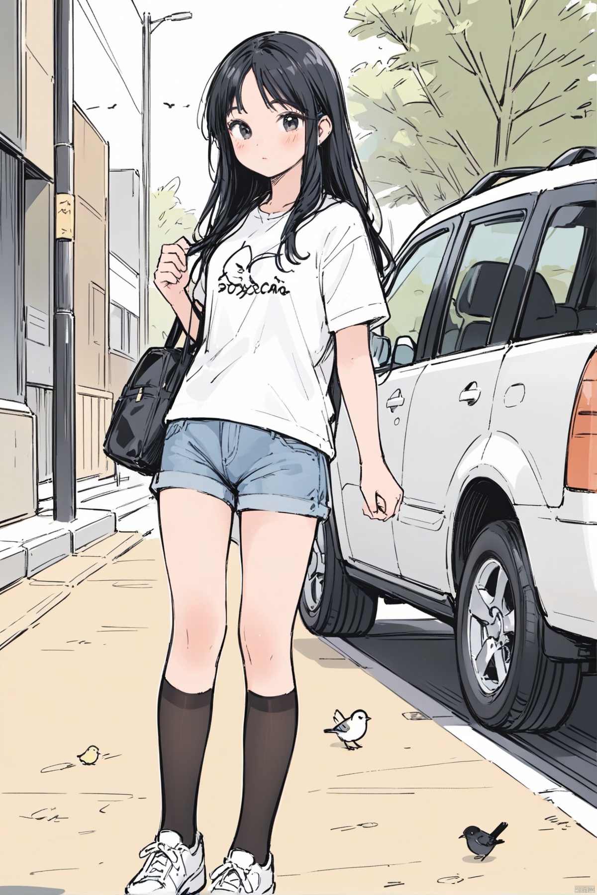 1girl, solo, long hair, shirt,line art, black hair, short sleeves, pantyhose, outdoors, shorts, day, bag, bird, denim, ground vehicle, motor vehicle, legwear under shorts
