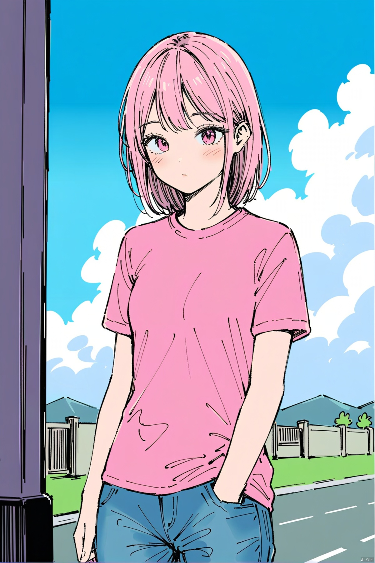 1girl,pink t-shirt,jeans,outdoors,solo,sky,ink drawing