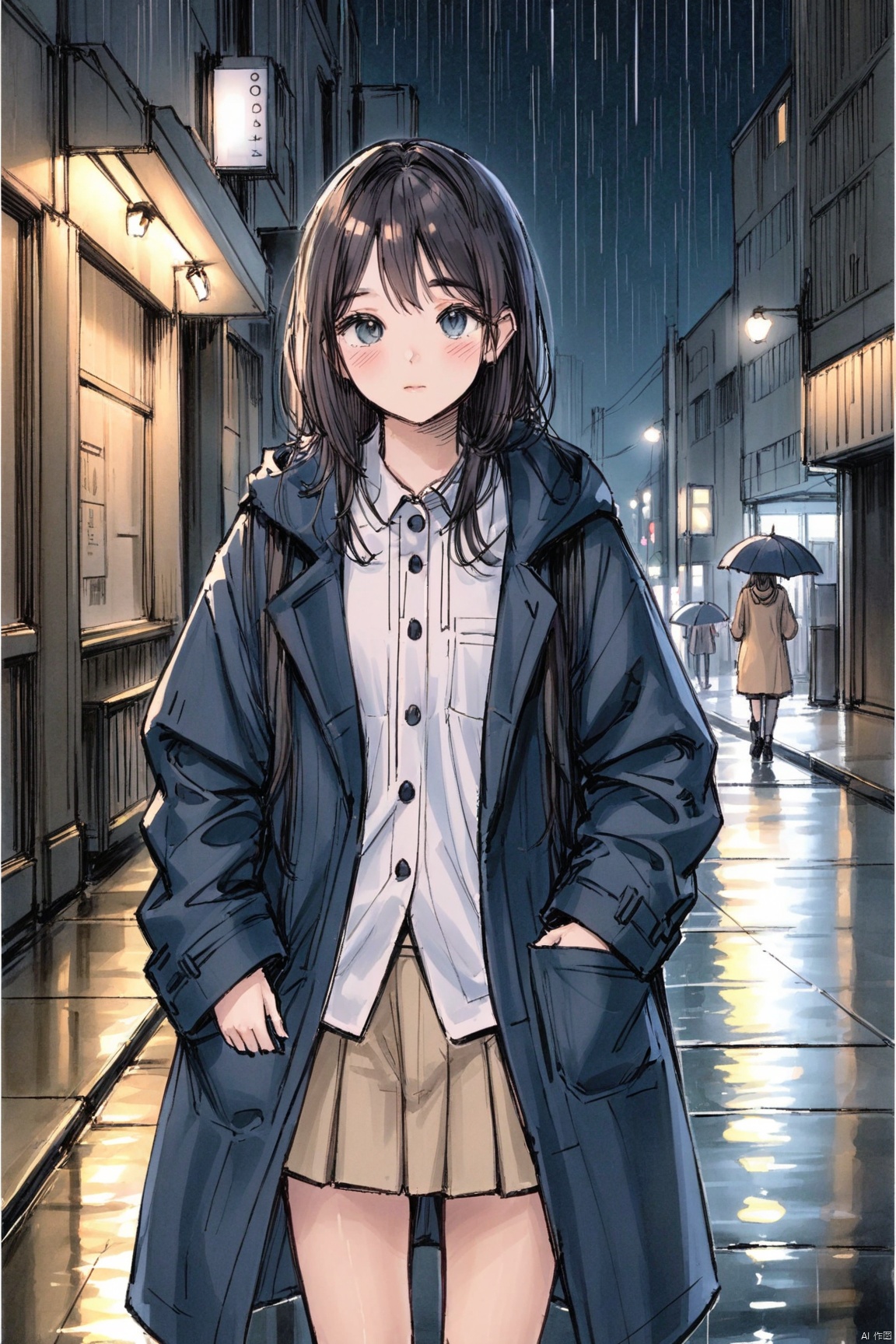 cornell notes sheet with drawing,photo frame,1girl,night city,rain,coat,hands in pockets,