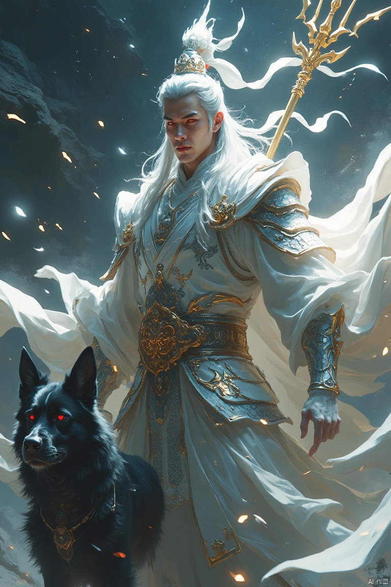 Full body portrait, fluorescent art, virtual engine, heavenly general, justice, Erlang Shen Yang Jian, shining silver, sacred backlight, white streamer flying, full of coercion, wearing silver divine armor, eyes red, holding a golden trident behind his back, black The snarling dog follows closely behind, the scene has an ethereal feel, and the composition is perfect.