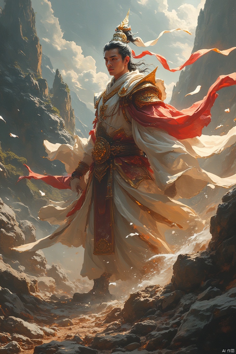 全身肖像画,荧光艺术,虚拟引擎,天庭将军,正义,二郎神杨戬,闪耀银光,神圣背光,白色流苏飞舞,充满威慑力,身穿银色神甲,背后手持金色三叉戟,黑狗紧随其后,场景具有空灵感,构图完美。