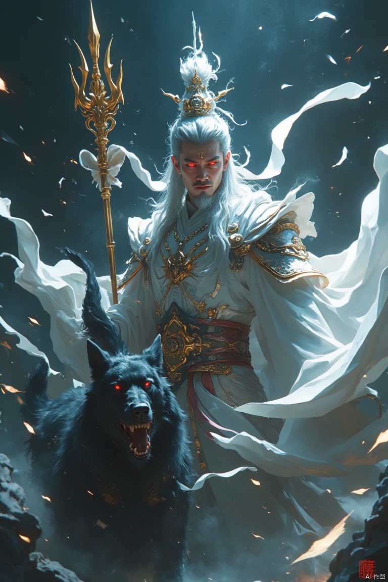 Full body photo, fluorescent art, virtual engine, heavenly general, Erlang Shen Yang Jian, silver light, sacred backlight, white streamers flying, full of coercion, wearing silver divine armor, red eyes, holding a golden trident in the back , the black roaring dog follows with a ferocious face, dark mythological style, ethereal scene, ethereal feeling, dark tone, perfect composition, evil smile