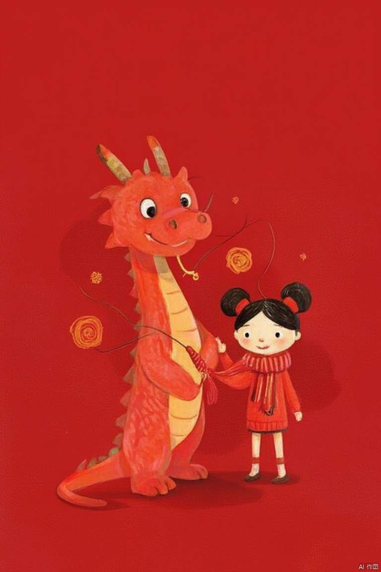  A cute and humanized red Chinese dragon and a Chinese little girl, in Pixar style, both wearing human red sweaters and tying a red woolen scarf around their necks, performing the same congratulatory gesture. The red background is very festive, with Chinese elements, welcoming the new year. 32k

