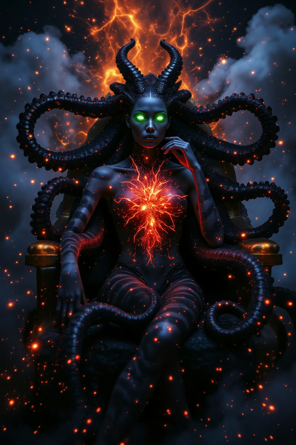 A beautiful queen reclined languidly on a throne formed of tentacles. One hand cradled her head,  her eyes half-closed. A...