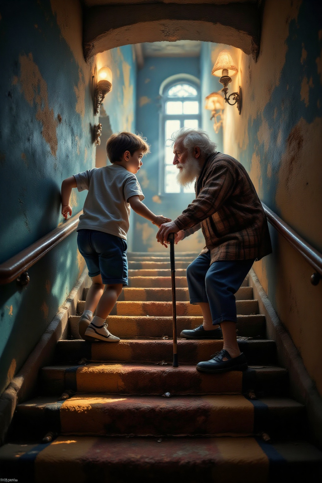 Top quality. Inspiration: Staircase. Visuals: Close-up: A staircase. On the observer's side,  a vibrant young boy is runni...