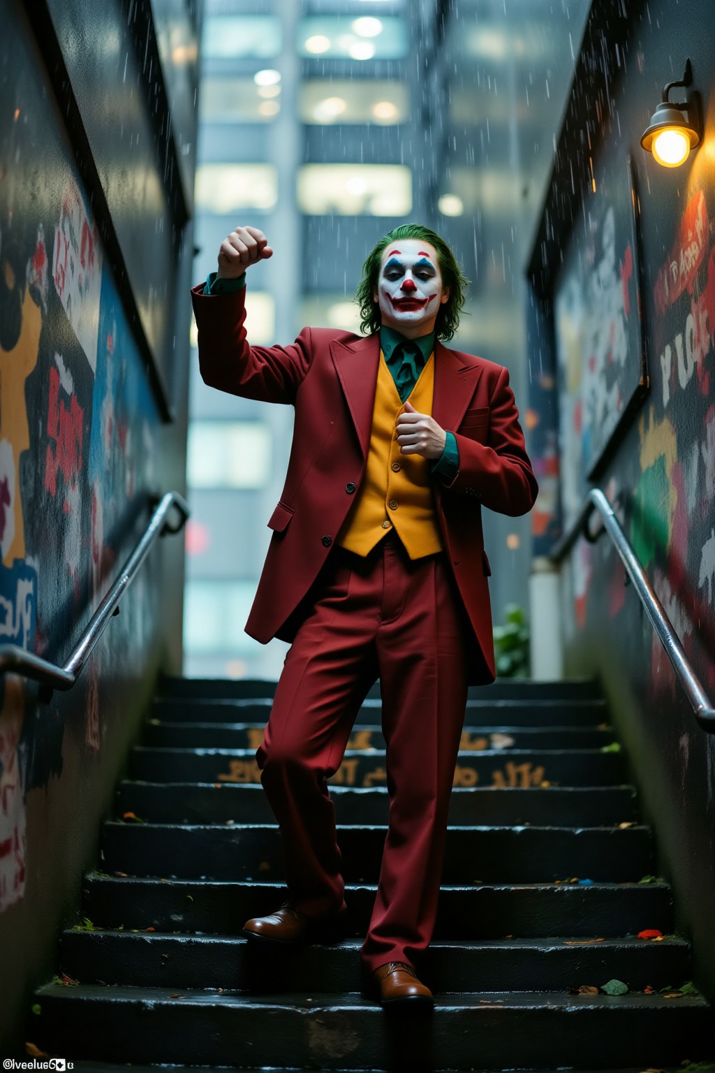 Top quality. Inspiration: Rainy day,  stairs. The Joker (2019 version) dances alone on a stairwell,  green hair on Tensor.Art