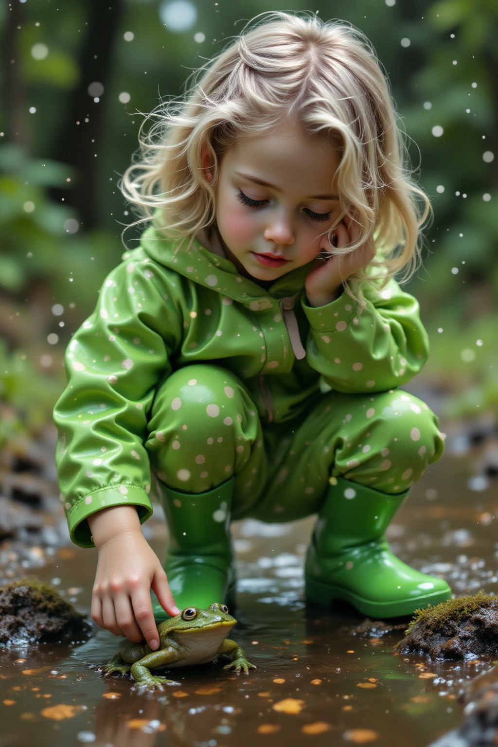 Top quality. Inspiration: Pinecone. Visuals: On a rainy day,  beside a muddy puddle,  a little girl with short on Tensor.Art