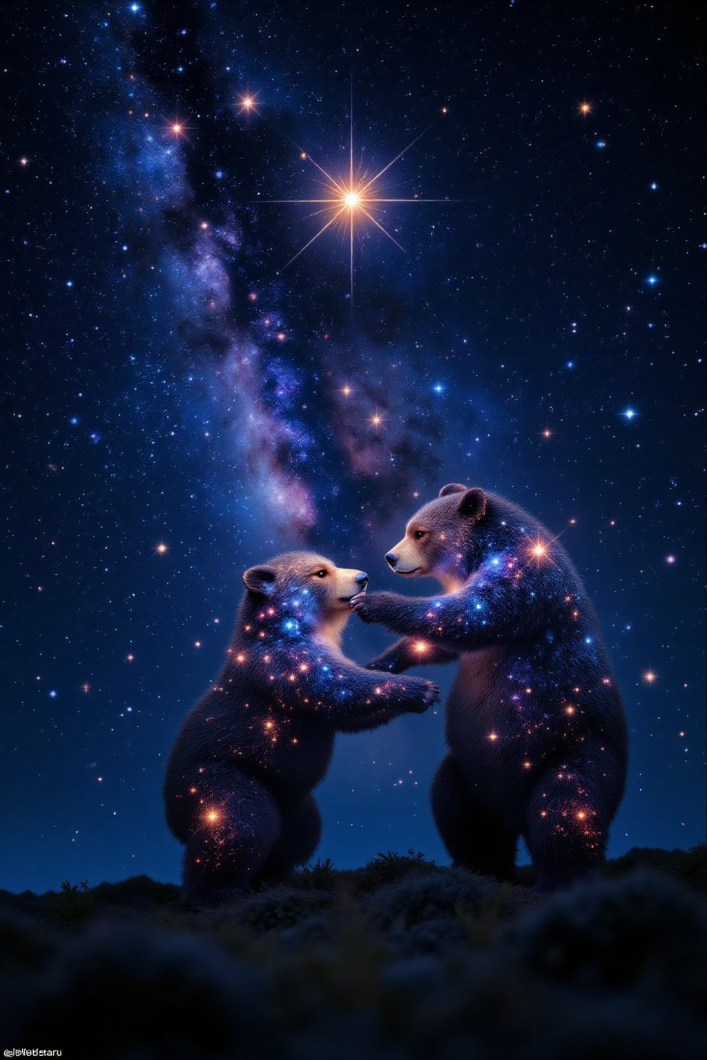 Top quality. Inspiration: Polaris,  Ursa Major and Ursa Minor constellations. Scene: Night sky. The small and large bears,...