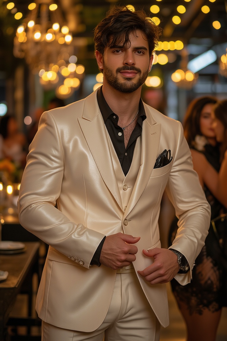 A lavish party setting with a darkened background and soft golden lighting,  casting a warm glow on the joyful atmosphere....