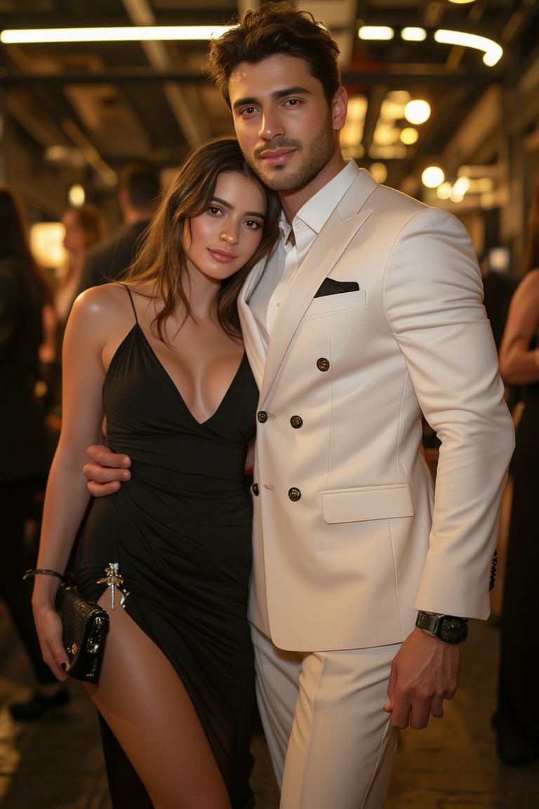 A lavish party setting with a darkened background and soft golden lighting,  casting a warm glow on the joyful atmosphere....