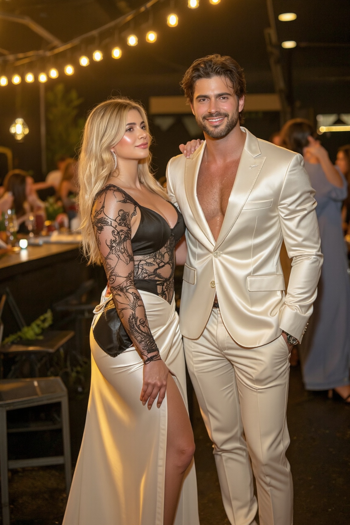 A lavish party setting with a darkened background and soft golden lighting,  casting a warm glow on the joyful atmosphere....
