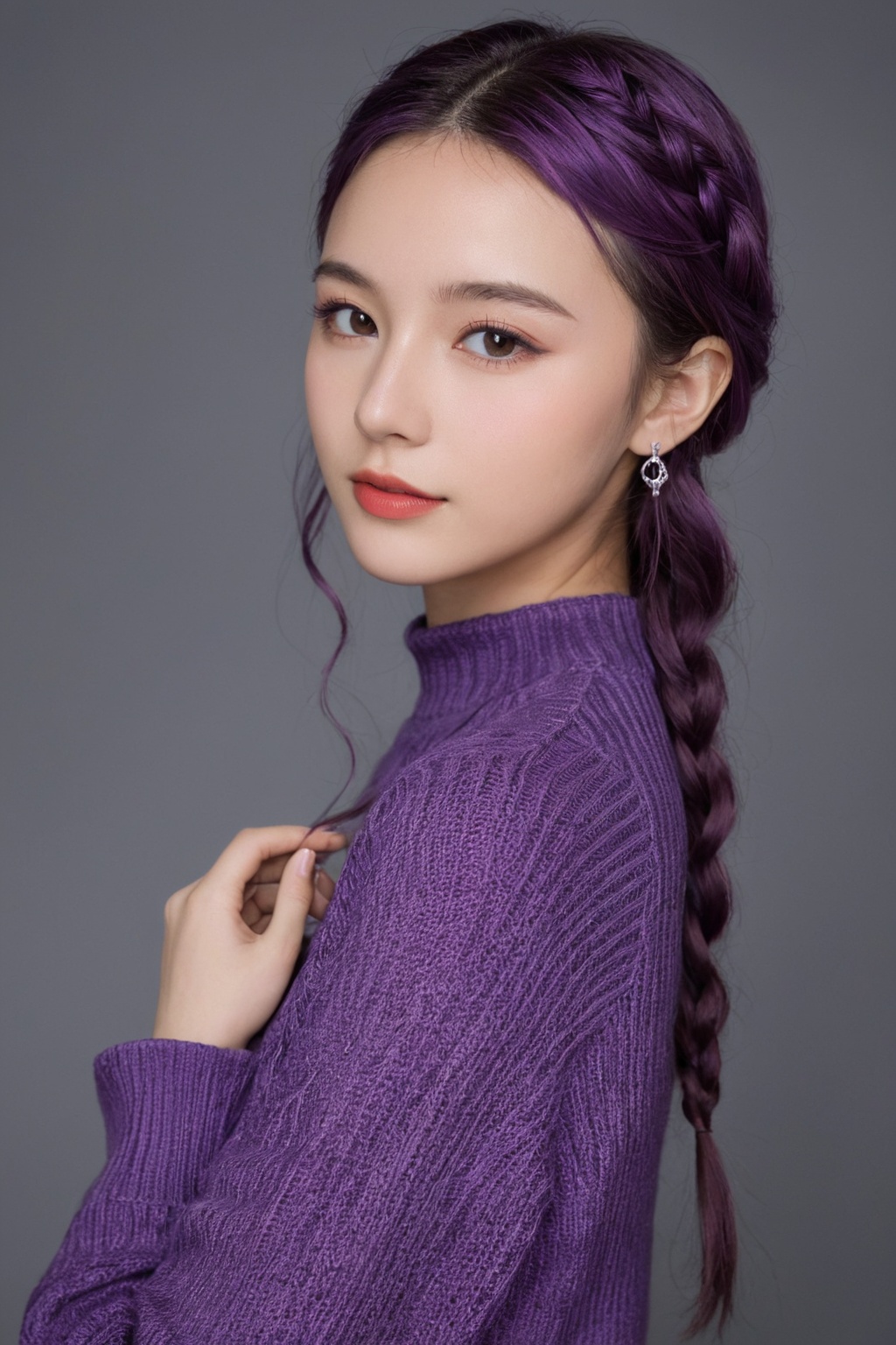 A photorealistic full-body portrait of a stunning 21yo hubggirl with perfect hands. She wears a vibrant purple sweater and...