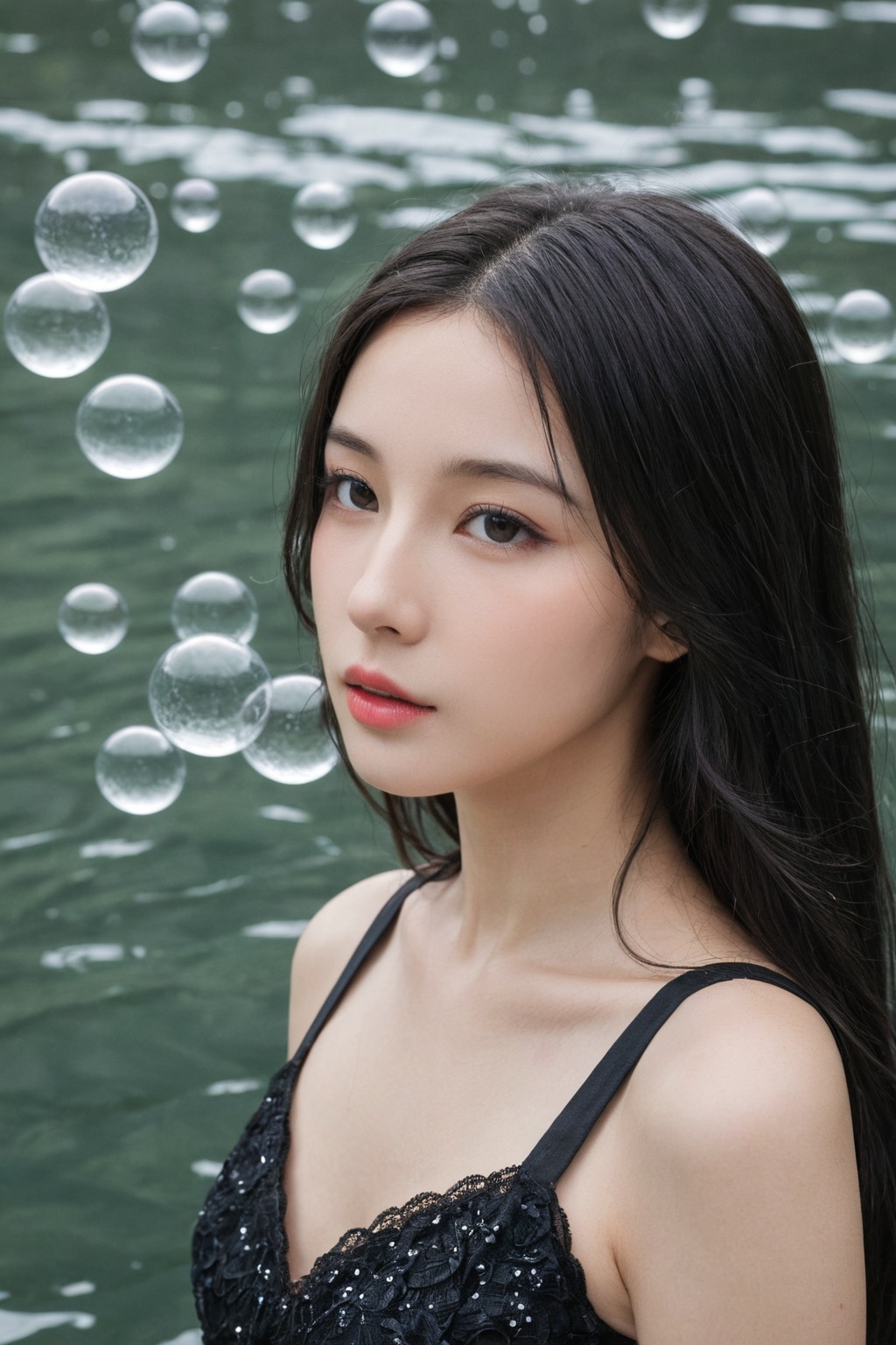 Fashion portrait photographya women with black long hair and delicate featuressurrounded by surreal floating water bubbles...