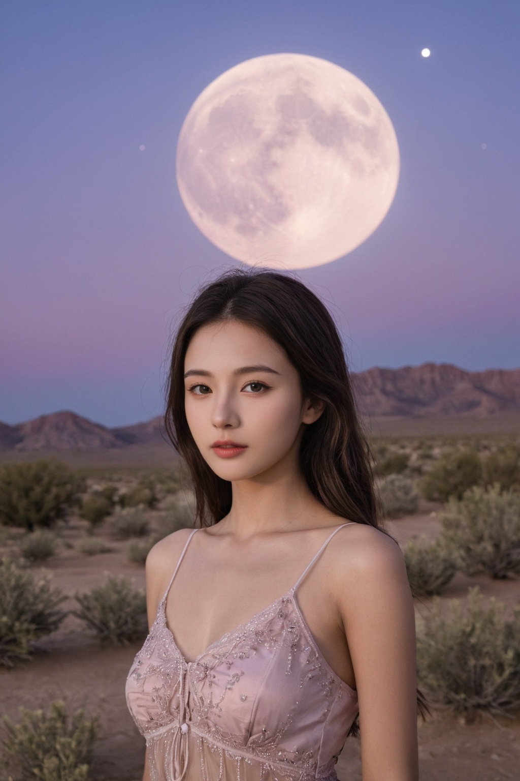 A photorealistic portrait of a stunning Hubggirl,  Under the radiant full moon,  a breathtaking Hubggirl stands tall amids...