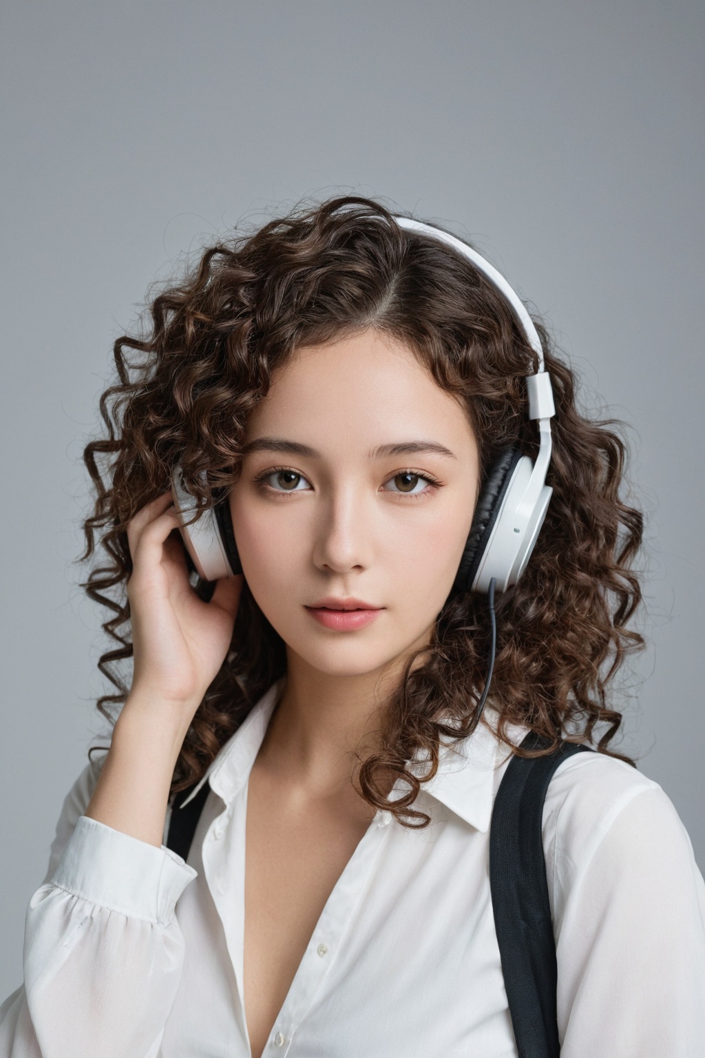 photorealistic,  portrait of hubggirl,  Stylish and modern fashion photography featuring a woman with curly hair on Tensor...
