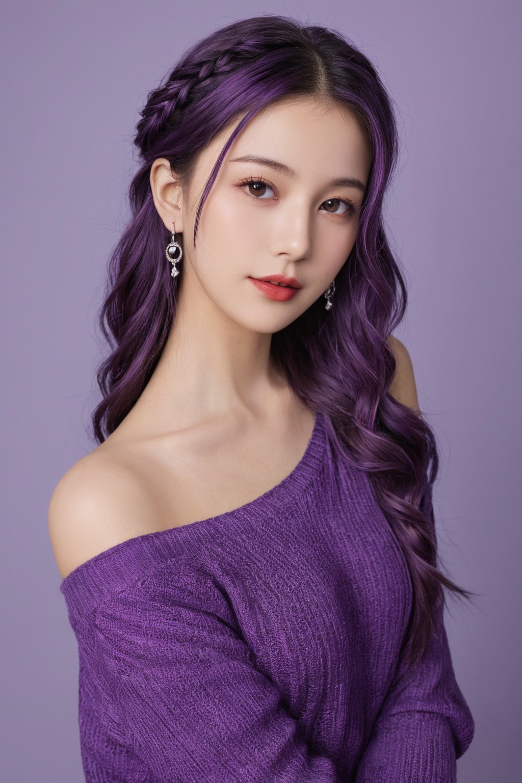 A photorealistic full-body portrait of a stunning hubggirl with perfect hands. She wears a vibrant purple sweater and doub...