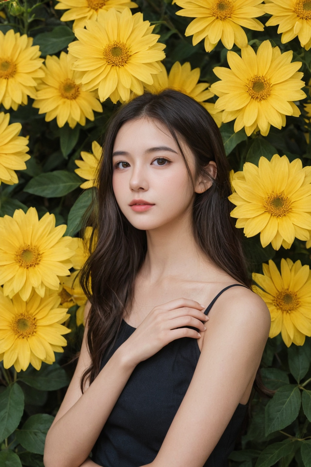 photorealistic,  portrait of hubggirl,  A young woman with dark hair and striking eyes on Tensor.Art