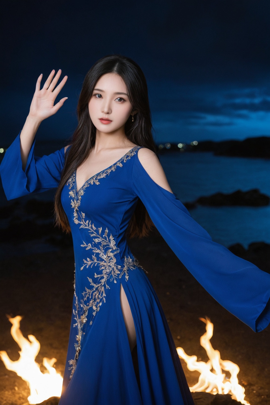 A photorealistic portrait of the enigmatic Hubggirl: A young Oriental beauty stands resolute,  her long black hair adorned...