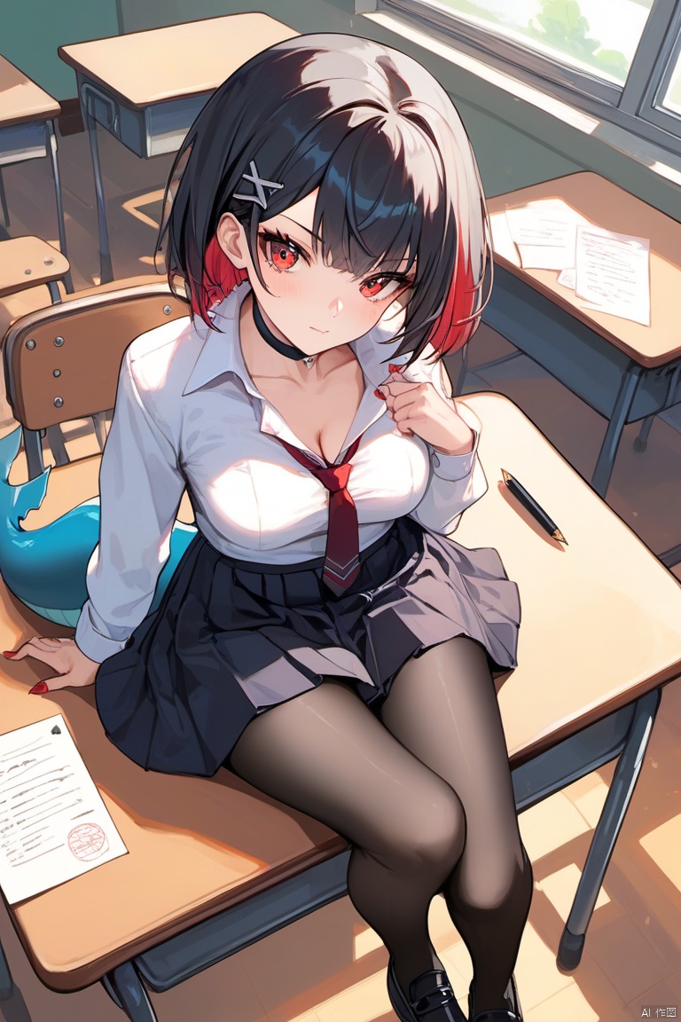 score_9,score_8_up,score_7_up,score_6_up,
EllenJoe, 1girl, desk, solo, on desk, pantyhose, skirt, red eyes, shirt, black hair, tail, multicolored hair, white shirt, looking at viewer, short hair, sitting, red hair, sitting on desk, school desk, breasts, shoes, choker, black footwear, indoors, pleated skirt, long sleeves, hair ornament, collared shirt, black skirt, from above, closed mouth, two-tone hair, black pantyhose, red nails, bangs, fish tail, medium breasts, x hair ornament, collarbone, paper, school chair, school uniform, classroom, chair, eraser, nail polish, loafers, pen, arm support, hairclip