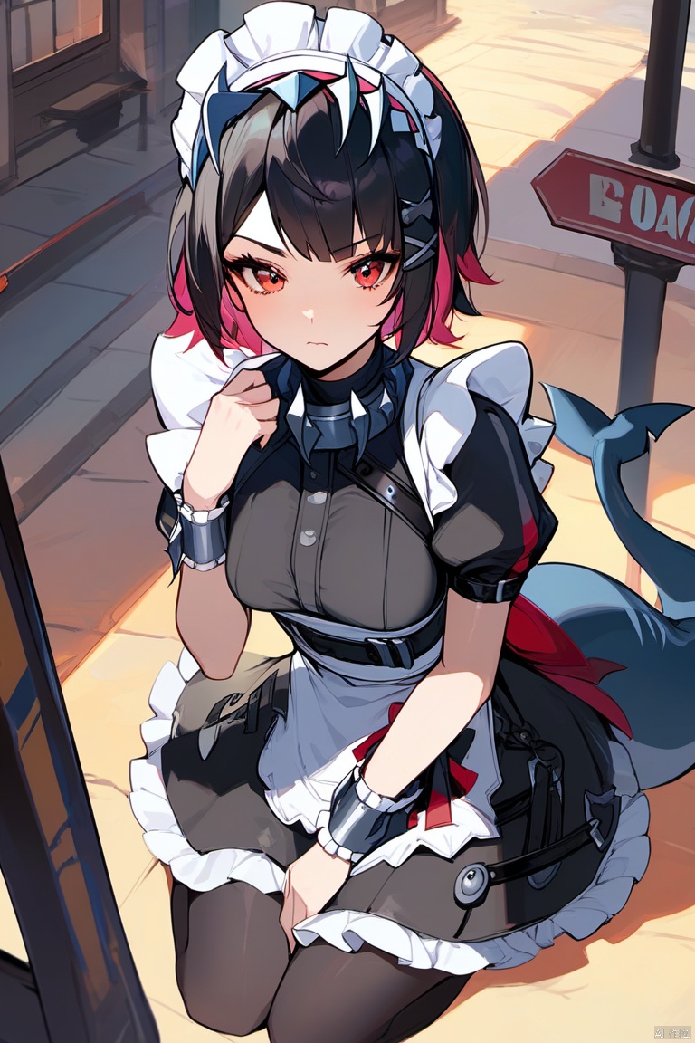 score_9,score_8_up,score_7_up,score_6_up,
EllenJoe, 1girl, maid headdress, solo, black hair, red eyes, looking at viewer, frills, dress, short sleeves, apron, maid, bangs, wrist cuffs, black dress, thighhighs, breasts, puffy sleeves, from above, outdoors, white apron, maid apron, tail, puffy short sleeves, medium breasts, short hair, sign, kneeling, frilled apron, day