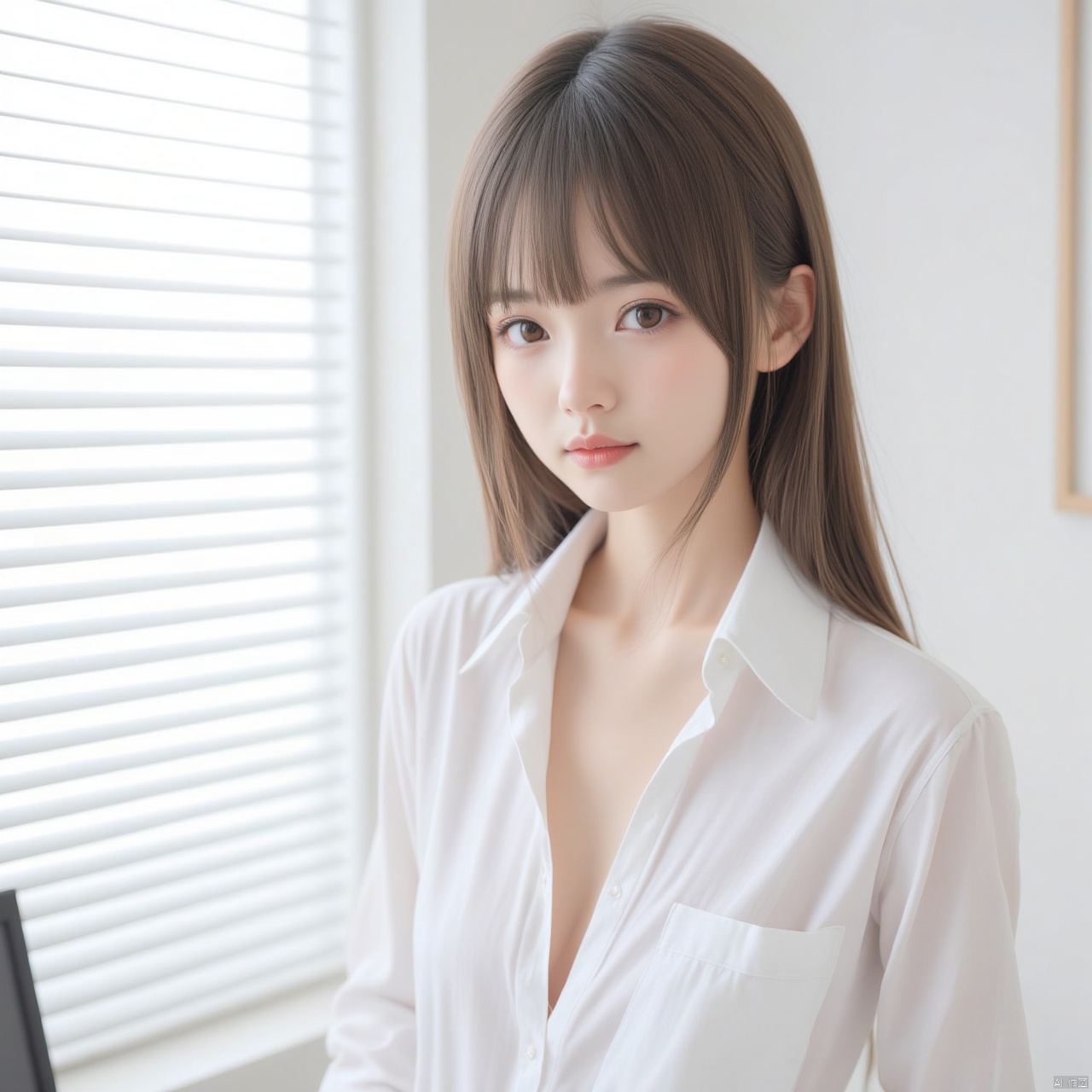 The image is a portrait of a young Asian woman with shoulder-length brunette hair and bangs. She is wearing a white blouse with a plunging neckline and is standing in front of a window with white blinds. The woman is looking directly at the camera with a serious expression on her face. She has a slight smile on her lips and her hair is styled in loose waves. The background is blurred, but it appears to be a room with a desk and a computer monitor visible.