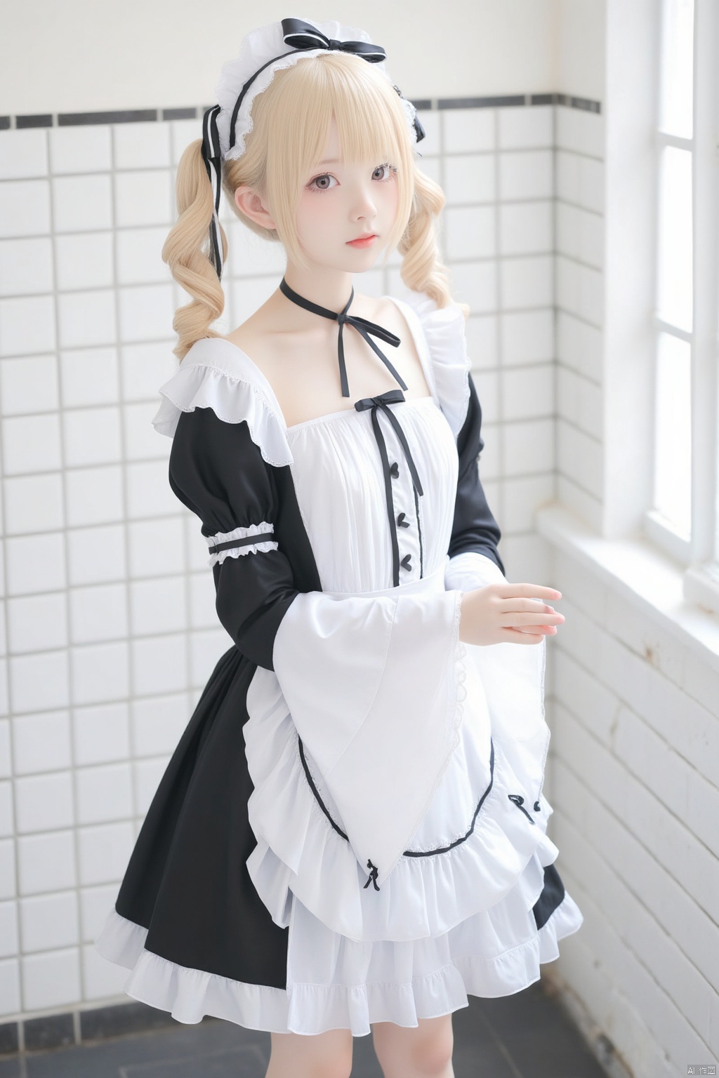 The image shows a young woman wearing a black and white maid outfit. She is standing in a kitchen with white tiles on the walls and a window on the right side. The woman has blonde hair styled in a half-up, half-down ponytail with a black bow on top. She has a black choker necklace around her neck and a white apron with ruffles on the bottom. Her hands are clasped together in front of her and she is looking directly at the camera with a serious expression. The overall style of the outfit is elegant and sophisticated.