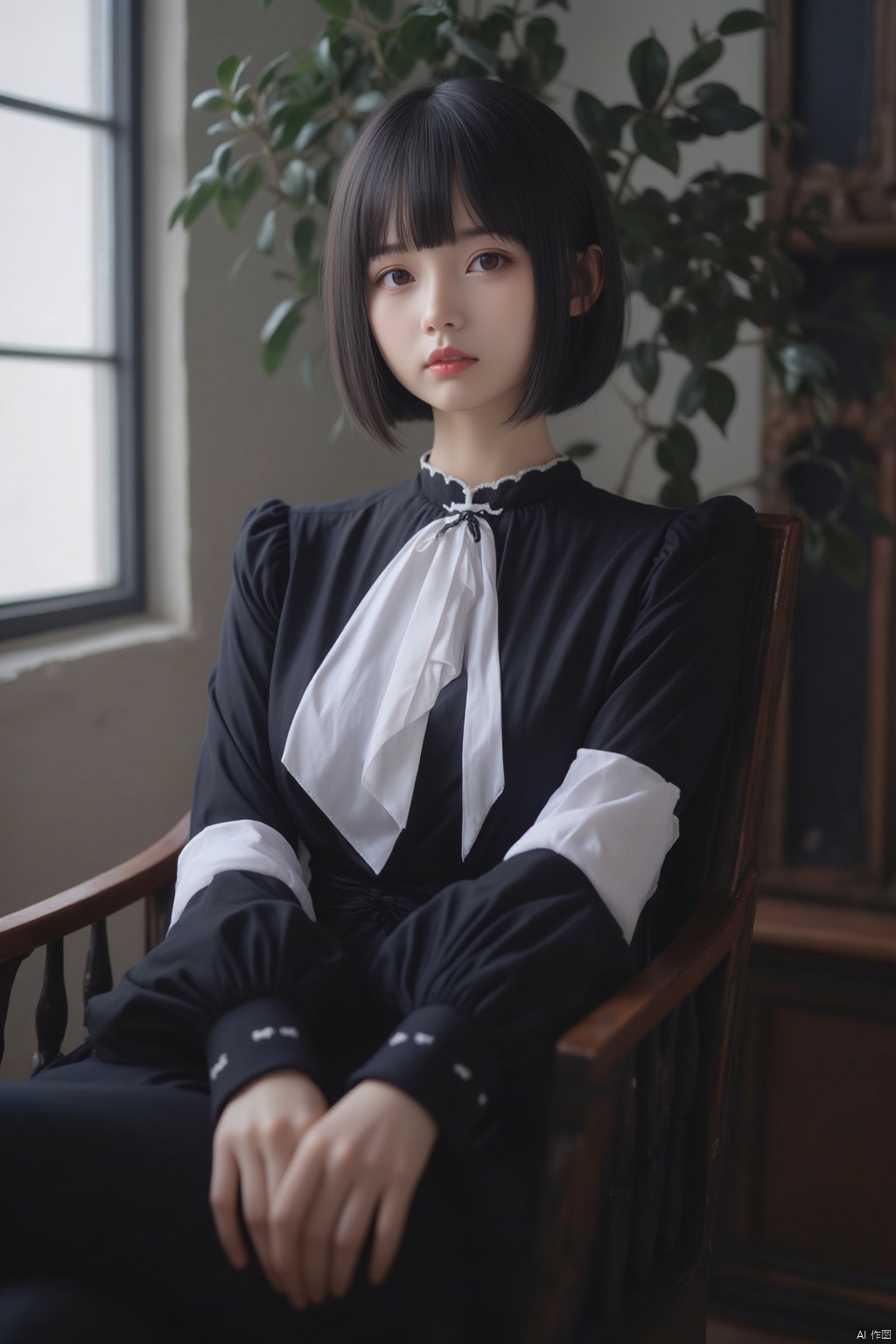 The image is a portrait of a young woman with short black hair and bangs. She is wearing a black and white outfit with a high collar and long sleeves. The outfit is made up of a black blouse with a white collar and a black choker necklace. The woman is sitting on a chair with her legs crossed and her hands resting on the armrests of the chair. She has a serious expression on her face and is looking directly at the camera. The background is blurred, but it appears to be a room with a window and a plant. The overall mood of the image is dark and mysterious.